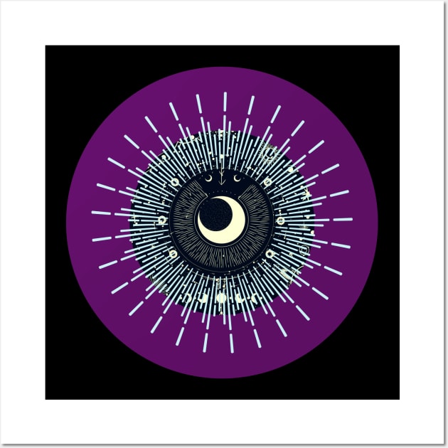 Halloween Cresent Moon, Celestial Symbols, Portents, Omens, Signs, and Fortunes - Deep Purple and Black Variation Wall Art by SwagOMart